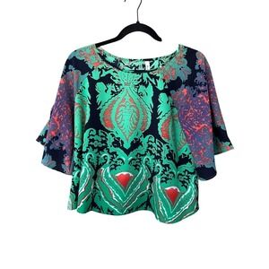 Tyche Boho Abstract Print‎ Top Medium Bell Sleeve Flowy Blouse Festival Chic
